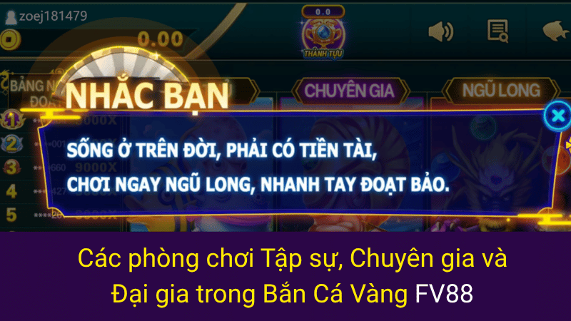 Các phòng chơi Tập sự, Chuyên gia và Đại gia trong Bắn Cá Vàng FV88
