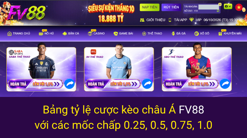 Bảng tỷ lệ cược kèo châu Á FV88 với các mốc chấp 0.25, 0.5, 0.75, 1.0