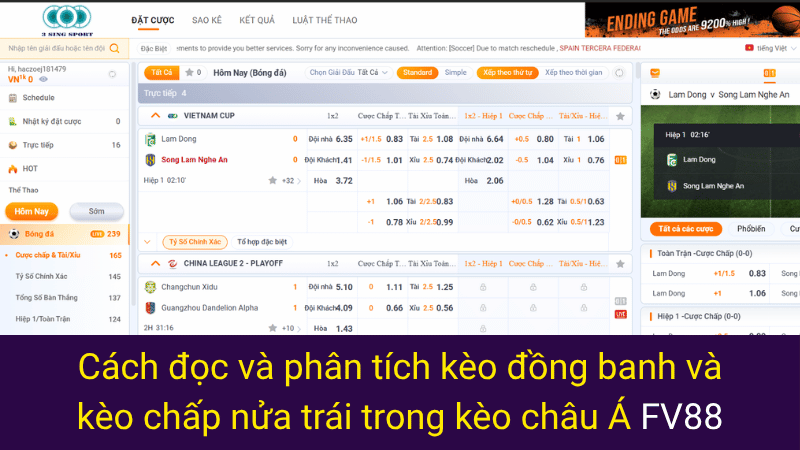Cách đọc và phân tích kèo đồng banh và kèo chấp nửa trái trong kèo châu Á FV88 