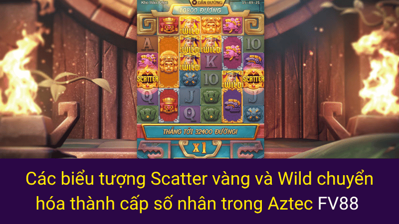 Các biểu tượng Scatter vàng và Wild chuyển hóa thành cấp số nhân trong Aztec FV88 