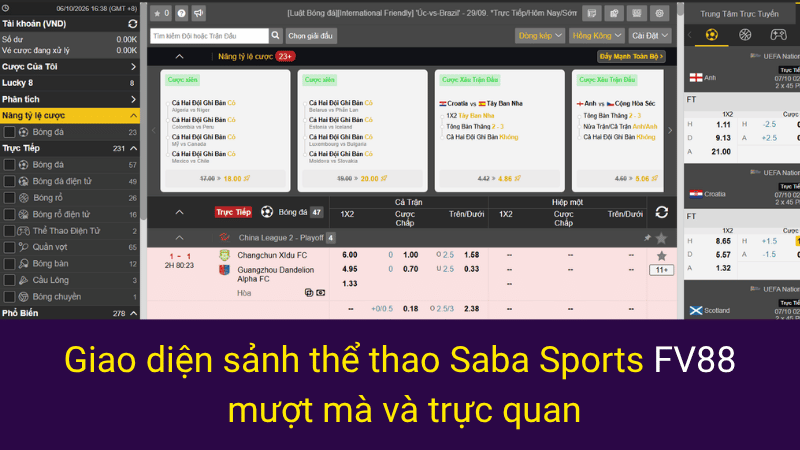 Giao diện sảnh thể thao Saba Sports FV88 mượt mà và trực quan