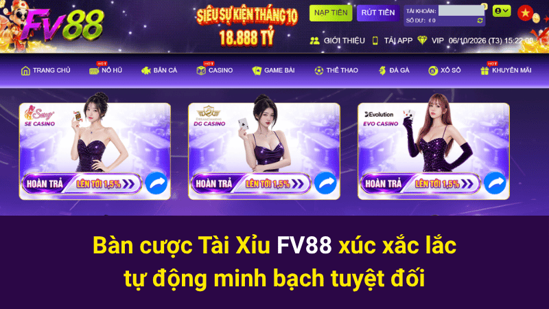 Bàn cược Tài Xỉu FV88 xúc xắc lắc tự động minh bạch tuyệt đối